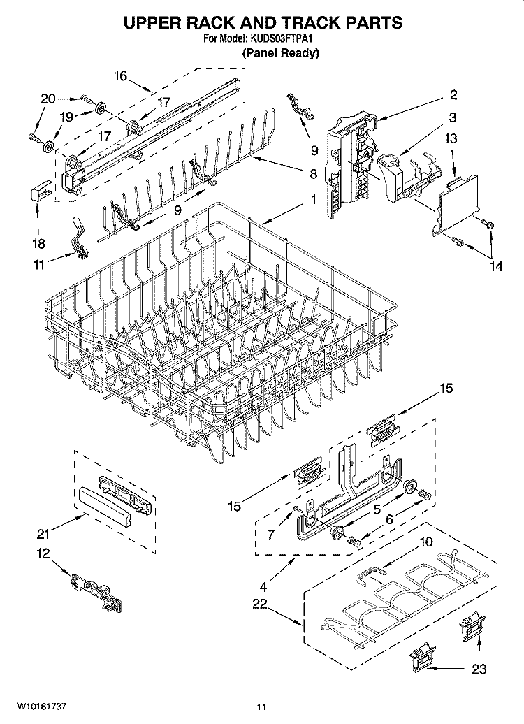 UPPER RACK AND TRACK PARTS Diagram and Parts List for KUDS03FTPA1  KitchenAid Dishwasher