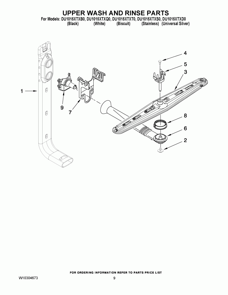 UPPER WASH AND RINSE PARTS Diagram and Parts List for DU1015XTXS0  Whirlpool Dishwasher