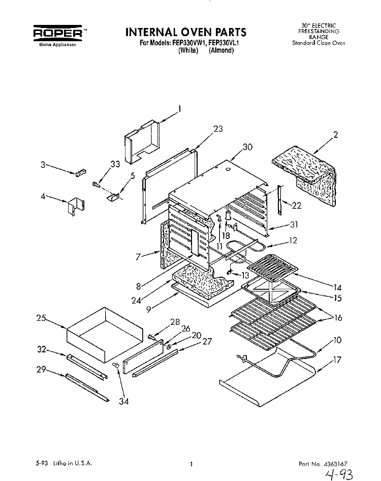 INTERNAL OVEN Diagram and Parts List for FEP330VL1  Whirlpool Range