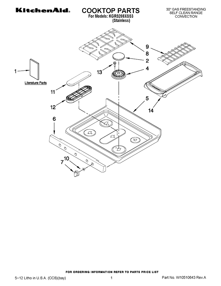 COOKTOP PARTS Diagram and Parts List for KGRS208XSS3  KitchenAid Range