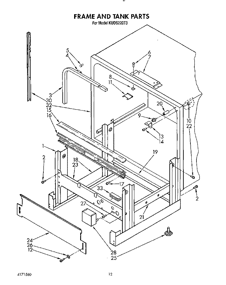 FRAME AND TANK Diagram and Parts List for KUDS220T3  KitchenAid Dishwasher