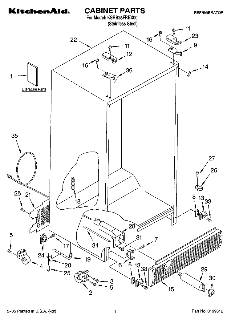 CABINET PARTS Diagram and Parts List for KSRB25FRBX00  KitchenAid Refrigerator
