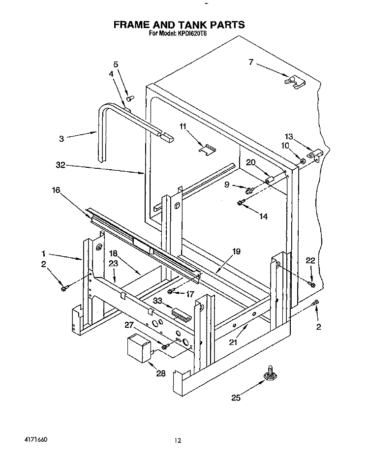 FRAME AND TANK Diagram and Parts List for KPDI620T6  KitchenAid Dishwasher