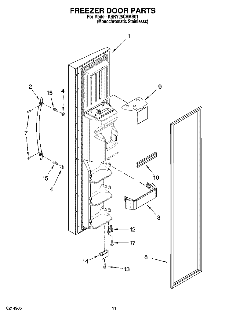 FREEZER DOOR PARTS Diagram and Parts List for KSRY25CRMS01  KitchenAid Refrigerator