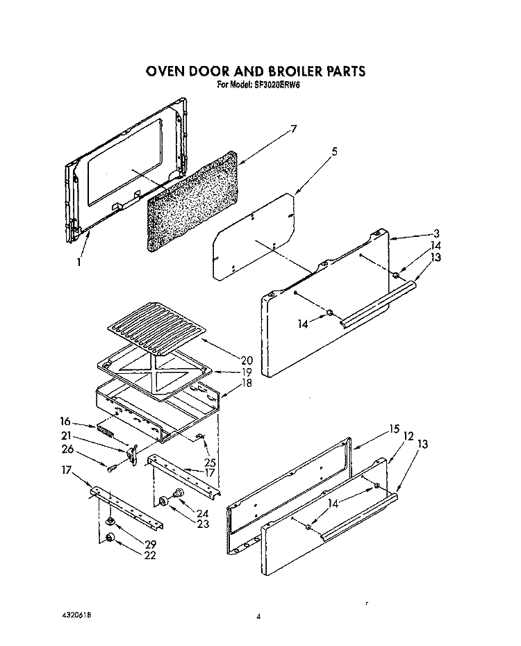 OVEN DOOR AND BROILER Diagram and Parts List for SF3020ERN6  Whirlpool Range