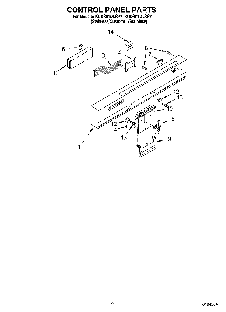 CONTROL PANEL PARTS Diagram and Parts List for KUDS01DLSP7  KitchenAid Dishwasher