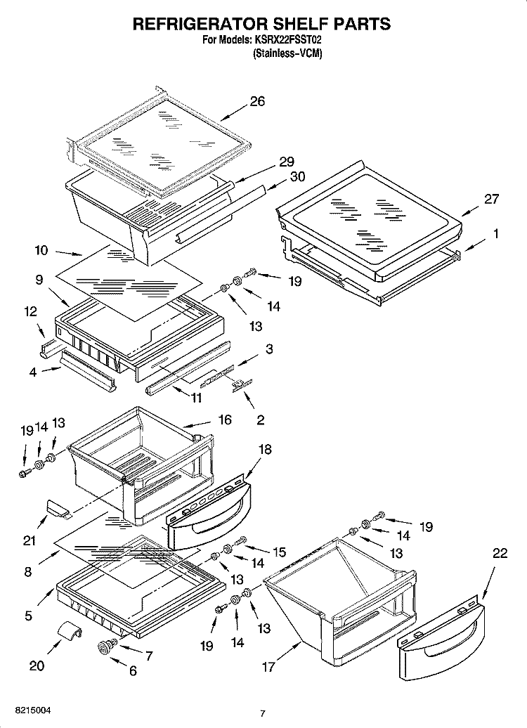 REFRIGERATOR SHELF PARTS Diagram and Parts List for KSRX22FSST02  KitchenAid Refrigerator