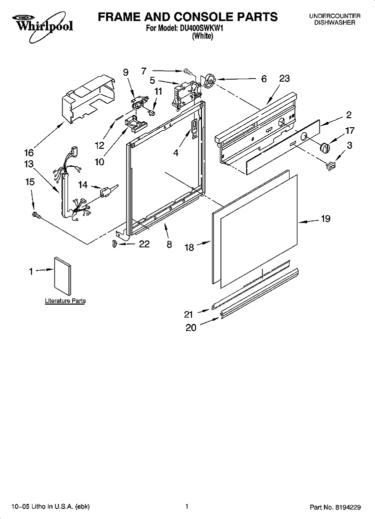 FRAME AND CONSOLE PARTS Diagram and Parts List for DU400SWKW1  Whirlpool Dishwasher