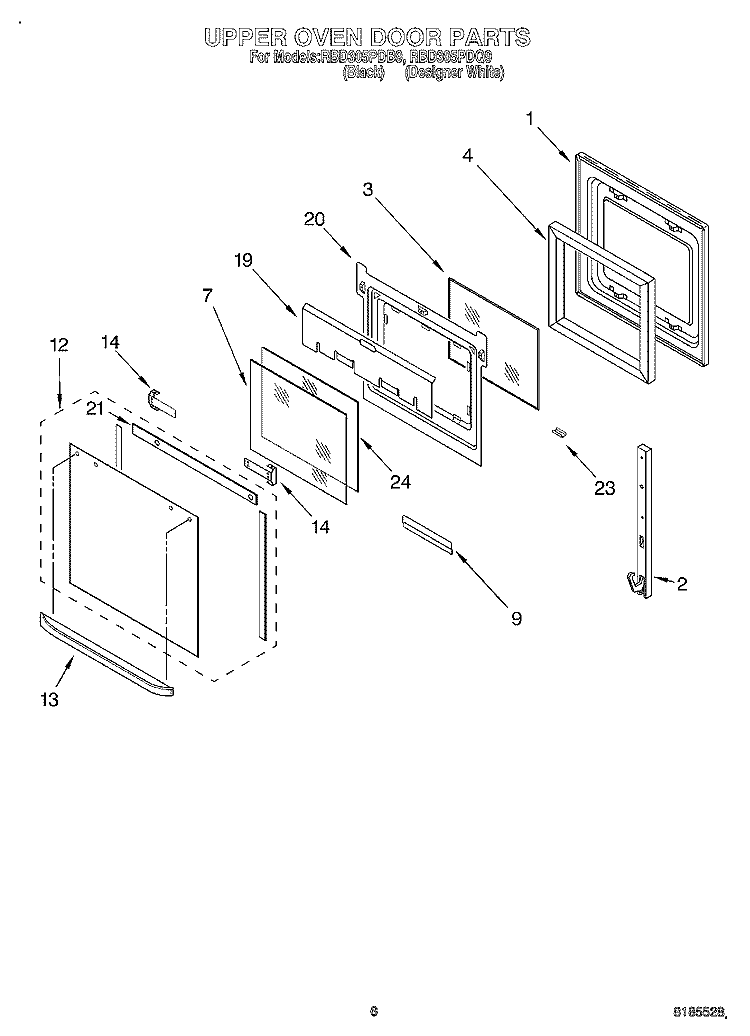 UPPER OVEN DOOR Diagram and Parts List for RBD305PDQ9  Whirlpool Wall Oven
