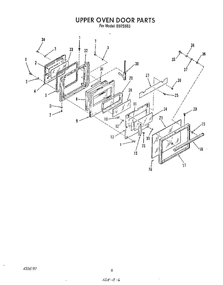 UPPER OVEN DOOR Diagram and Parts List for B9758B3  Roper Wall Oven