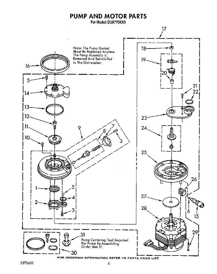 PUMP AND MOTOR Diagram and Parts List for DU8770XX0  Whirlpool Dishwasher