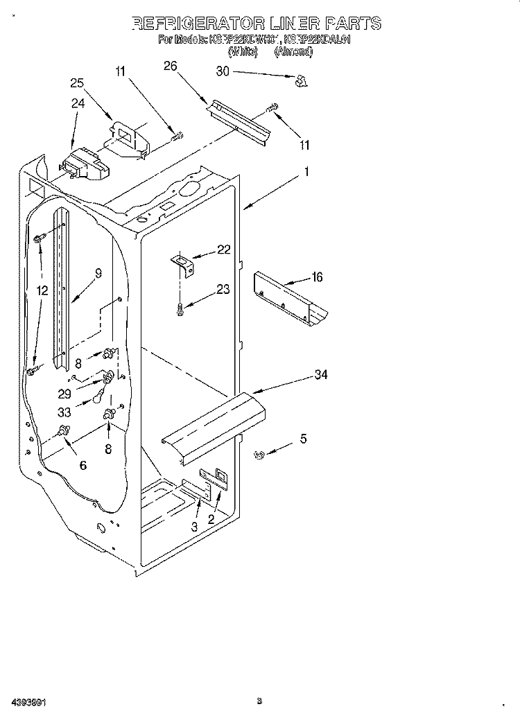 REFRIGERATOR LINER Diagram and Parts List for KSRP22KDWH01  KitchenAid Refrigerator