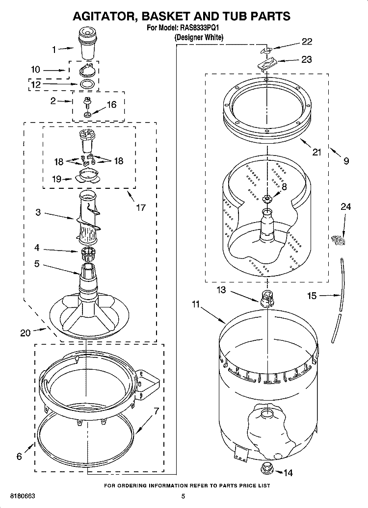 AGITATOR, BASKET AND TUB PARTS Diagram and Parts List for RAS8333PQ1  Roper Washer