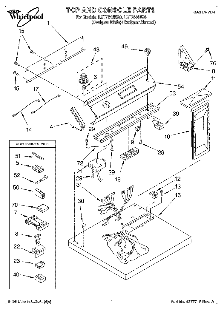 TOP AND CONSOLE, LIT/OPTIONAL Diagram and Parts List for LGT7646EQ0  Whirlpool Dryer