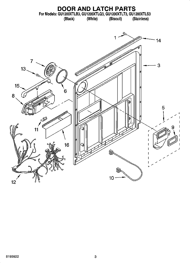 DOOR AND LATCH PARTS Diagram and Parts List for GU1200XTLT3  Whirlpool Dishwasher