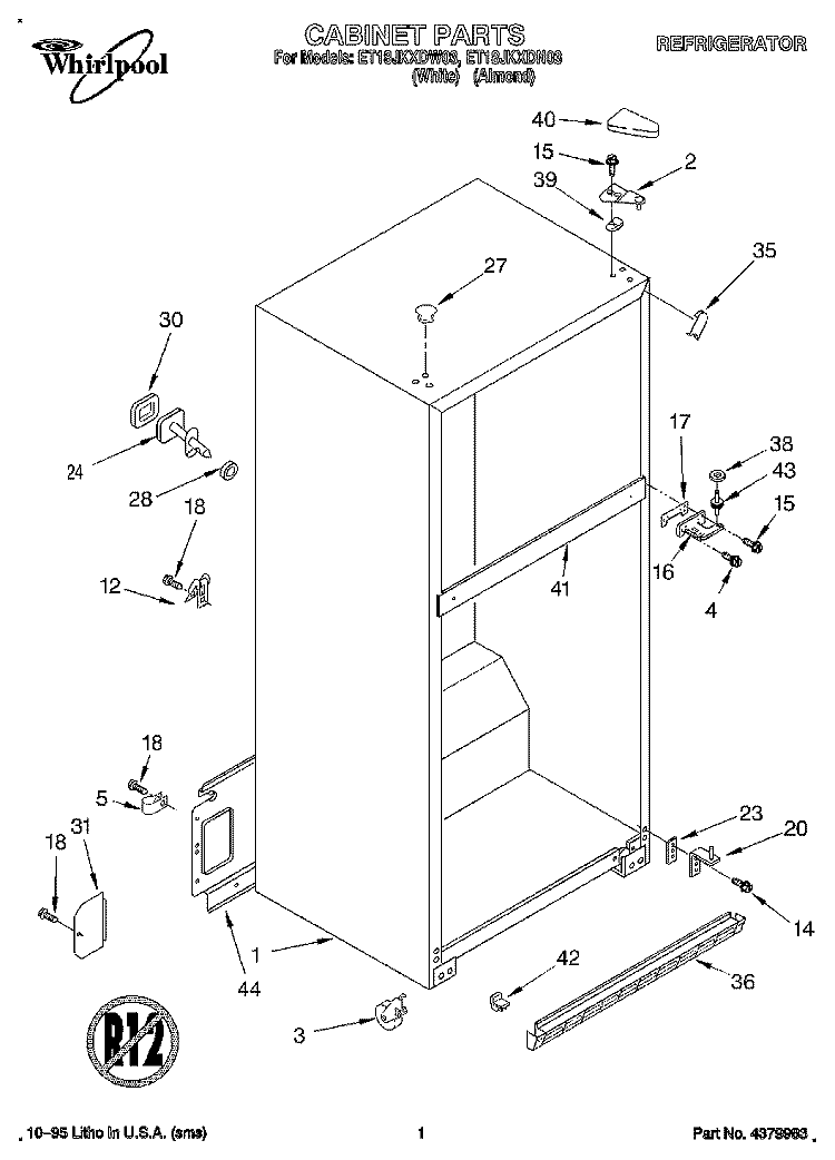 CABINET Diagram and Parts List for ET18JKXDW03  Whirlpool Refrigerator