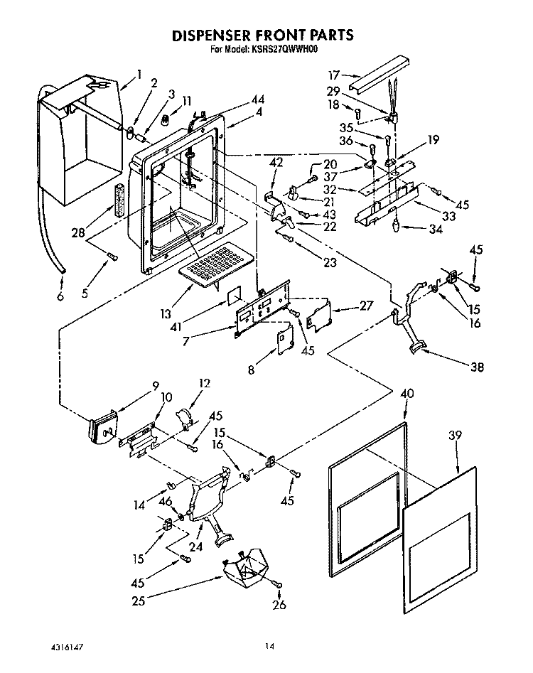 DISPENSER FRONT Diagram and Parts List for KSRS27QWWH00  KitchenAid Refrigerator