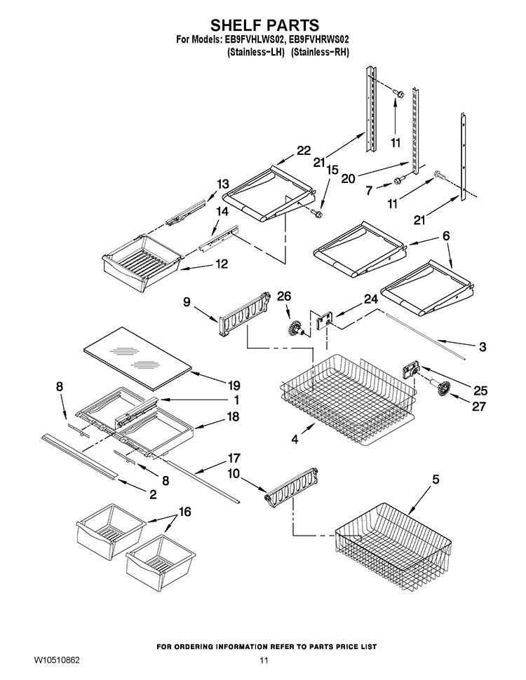 SHELF PARTS Diagram and Parts List for EB9FVHLWS02  Whirlpool Refrigerator