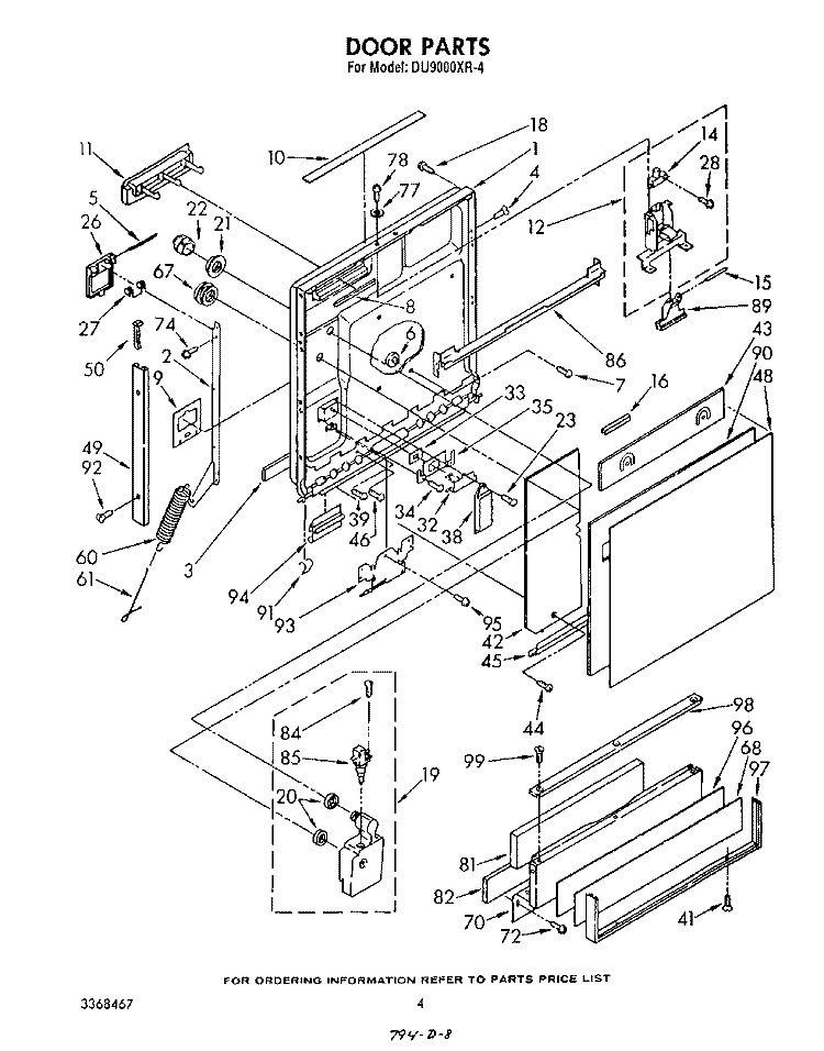 DOOR Diagram and Parts List for DU9000XR4  Whirlpool Dishwasher