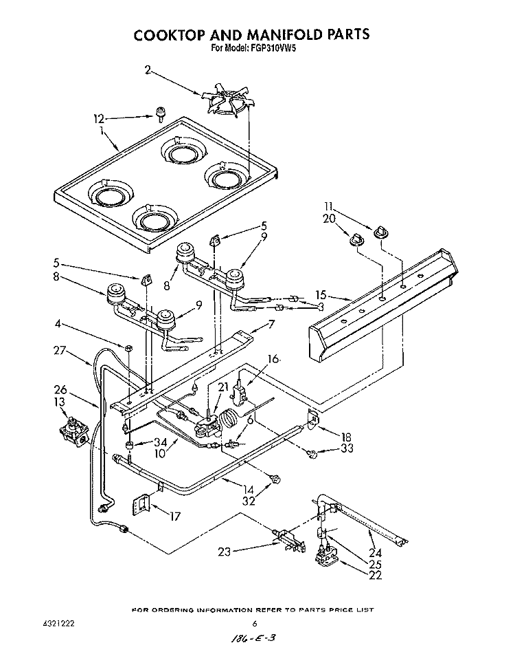 COOKTOP AND MANIFOLD, LIT/OPTIONAL Diagram and Parts List for FGP310VW5  Roper Range