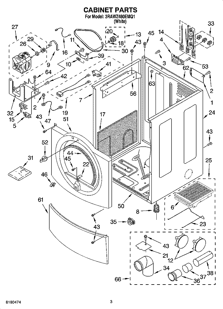 CABINET PARTS Diagram and Parts List for 3RAWZ480EMQ1  Whirlpool Dryer