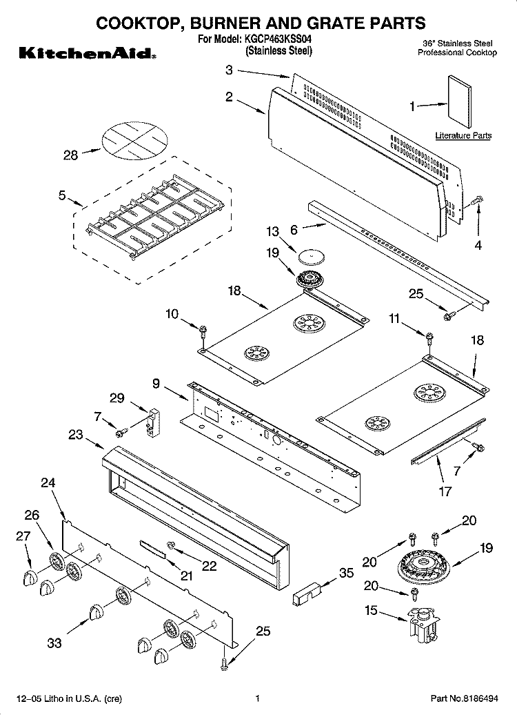 COOKTOP, BURNER AND GRATE PARTS Diagram and Parts List for KGCP463KSS04  KitchenAid Cooktop