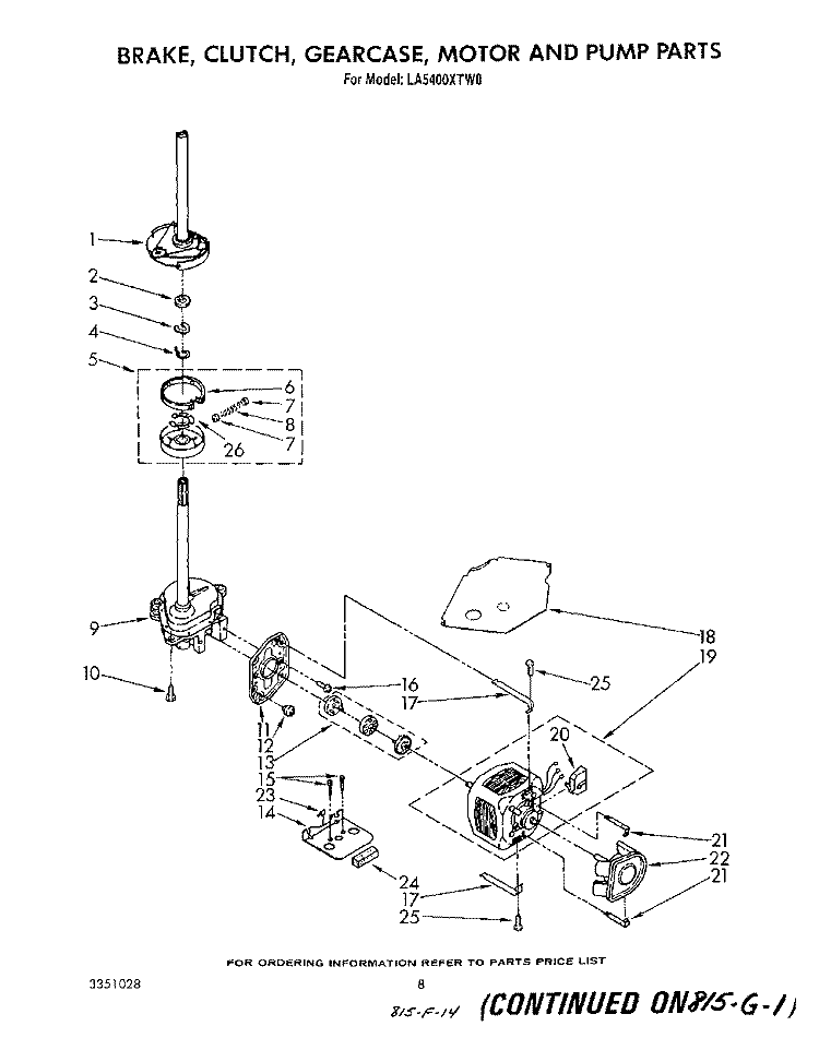 BRAKE, CLUTCH, GEARCASE, MOTOR AND PUMP Diagram and Parts List for LA5400XTN0  Whirlpool Washer