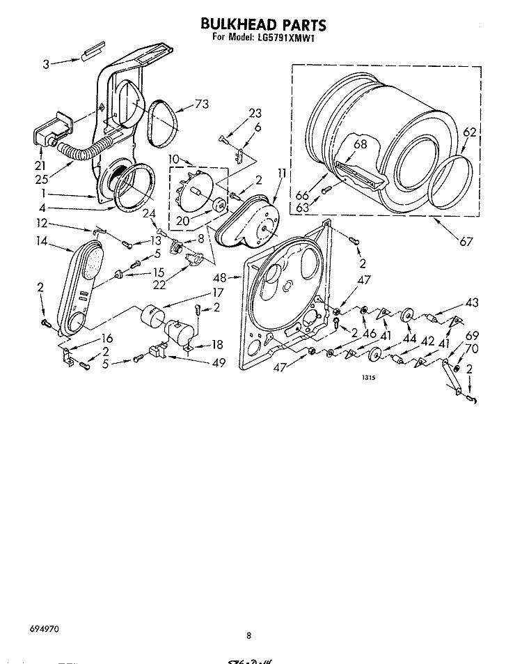 BULKHEAD Diagram and Parts List for LG5791XMW1  Whirlpool Dryer