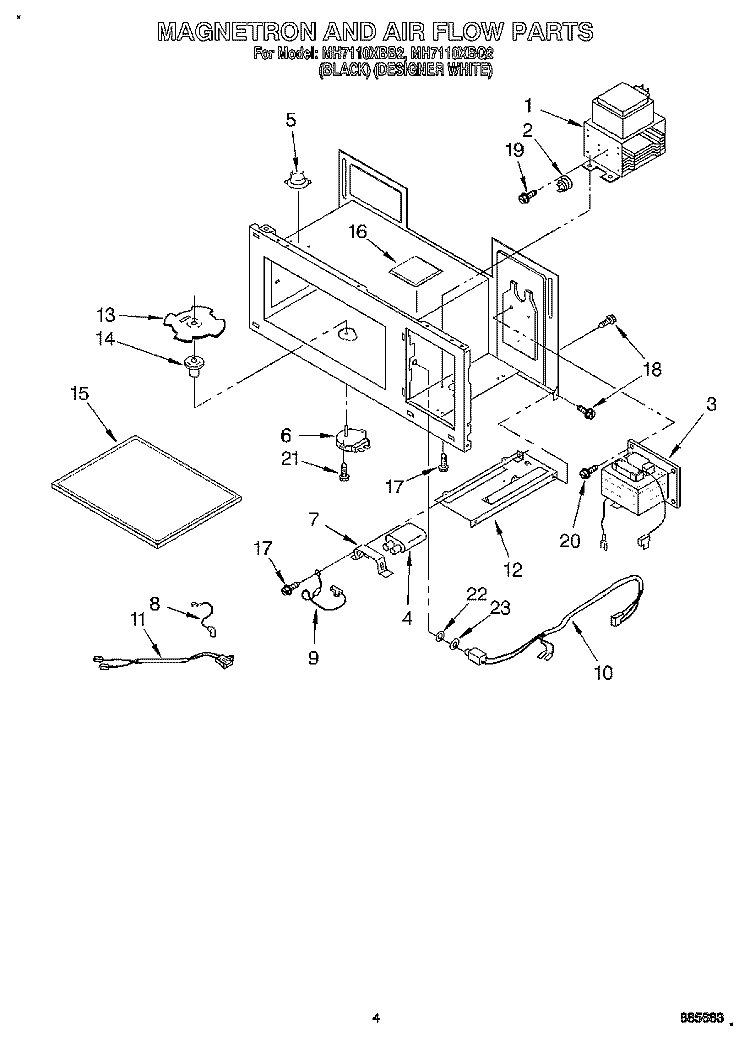 MAGNETRON AND AIR FLOW Diagram and Parts List for MH7110XBQ2  Whirlpool Microwave
