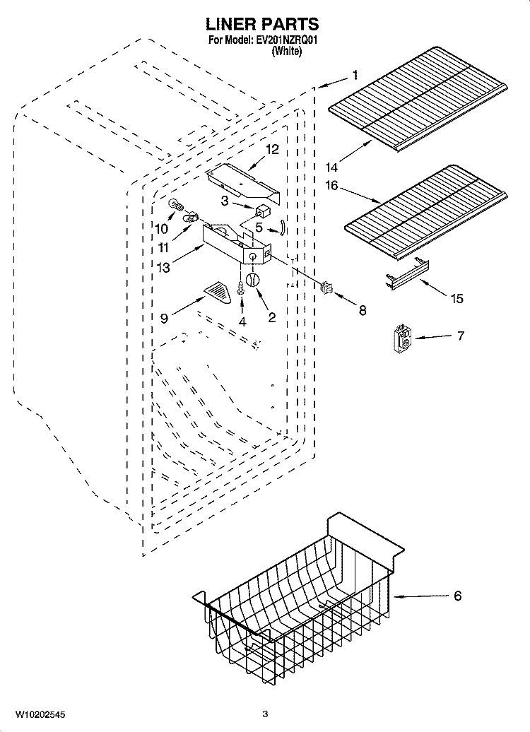 LINER PARTS Diagram and Parts List for EV201NZRQ01  Whirlpool Freezer
