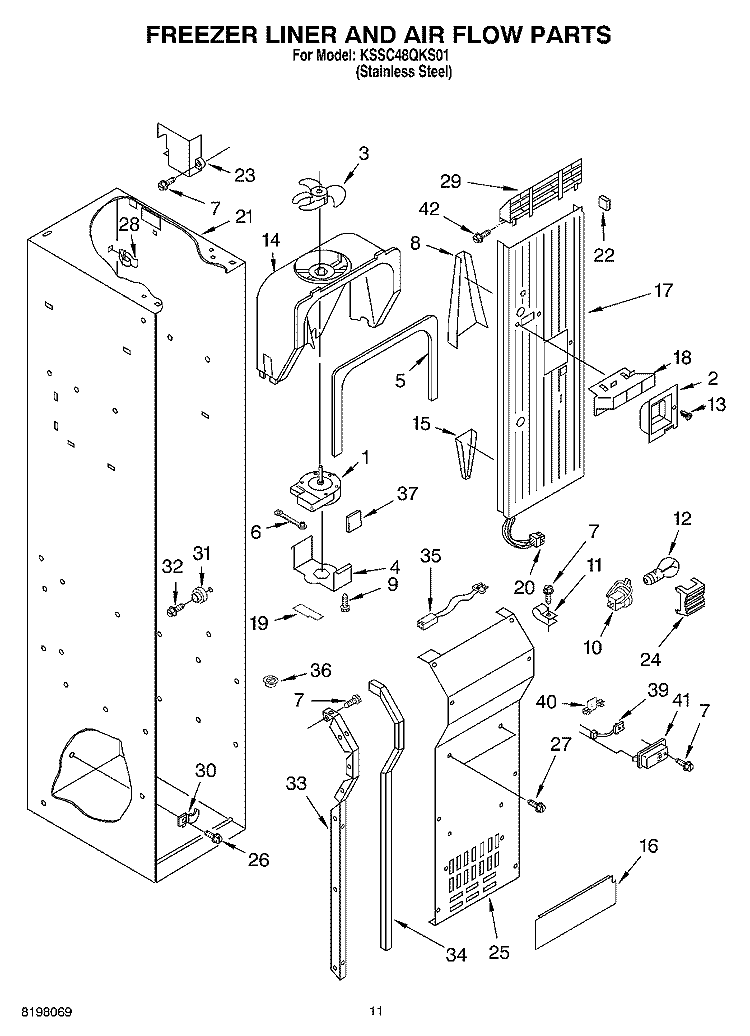 FREEZER LINER AND AIR FLOW Diagram and Parts List for KSSC48QKS01  KitchenAid Refrigerator
