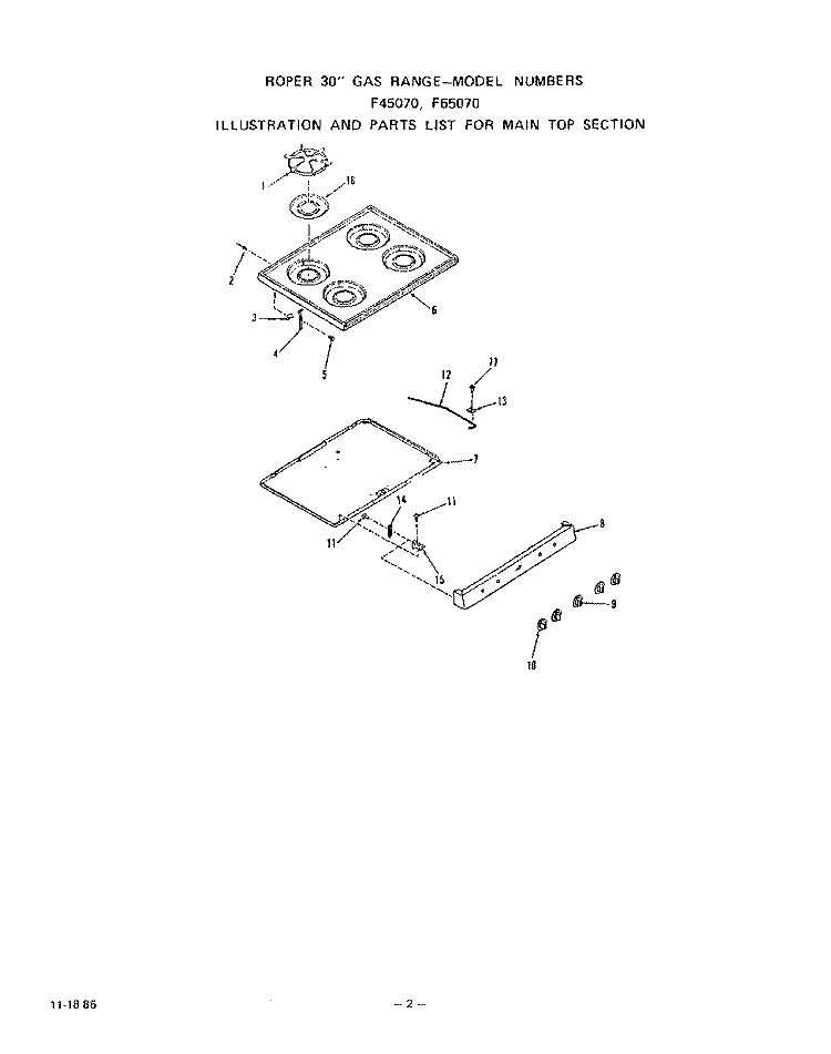 MAIN TOP Diagram and Parts List for F4507W0  Roper Range