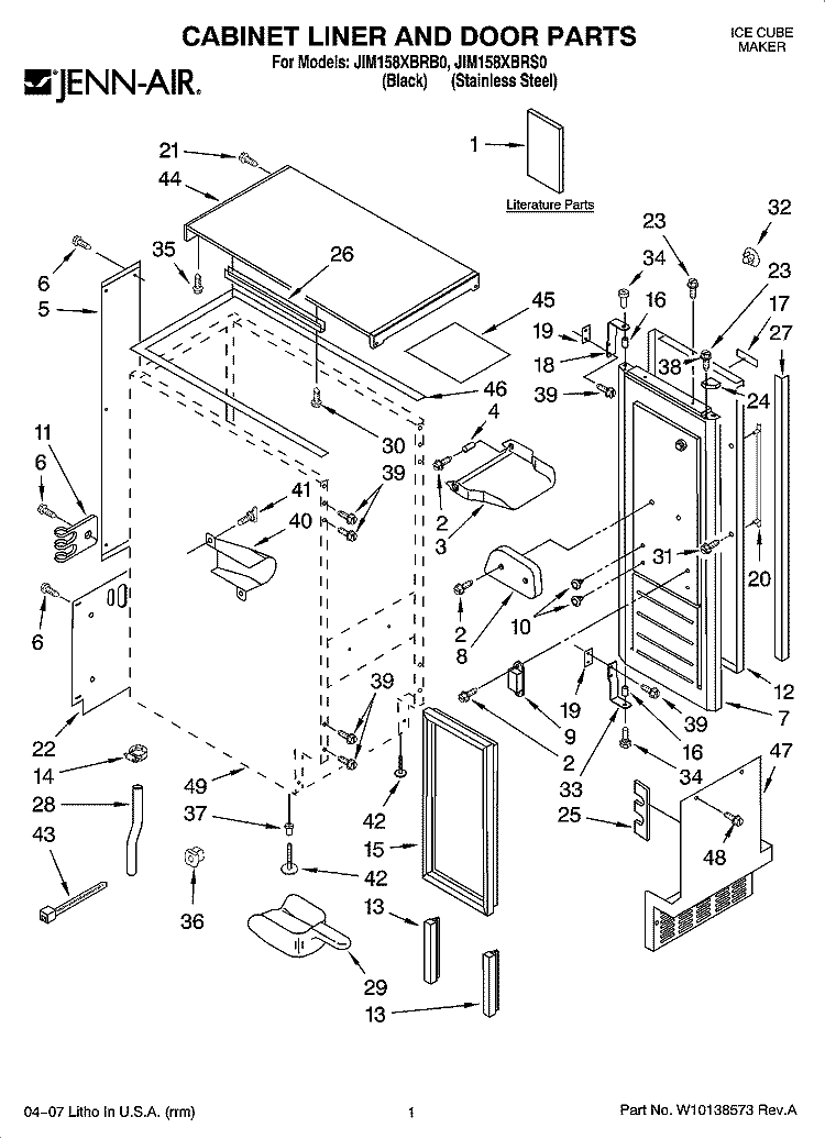 CABINET LINER AND DOOR PARTS Diagram and Parts List for JIM158XBRB0  Whirlpool Ice Maker