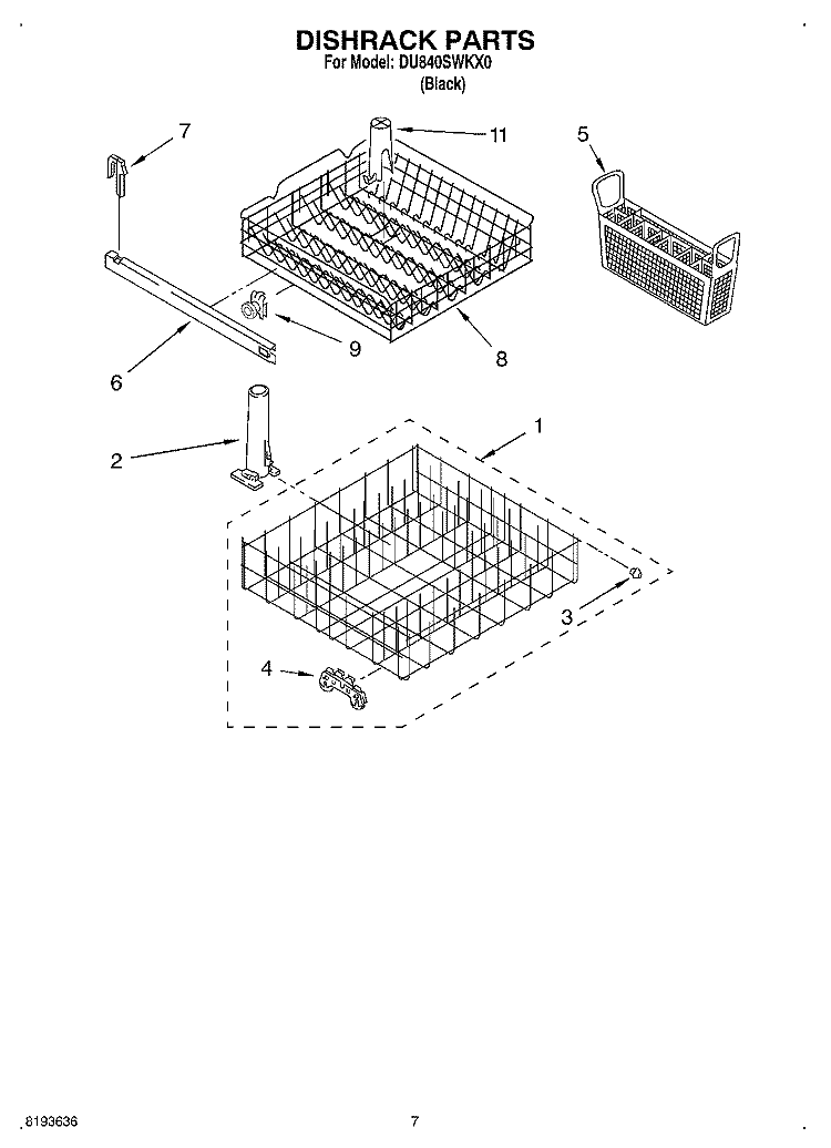 DISHRACK Diagram and Parts List for DU840SWKX0  Whirlpool Dishwasher