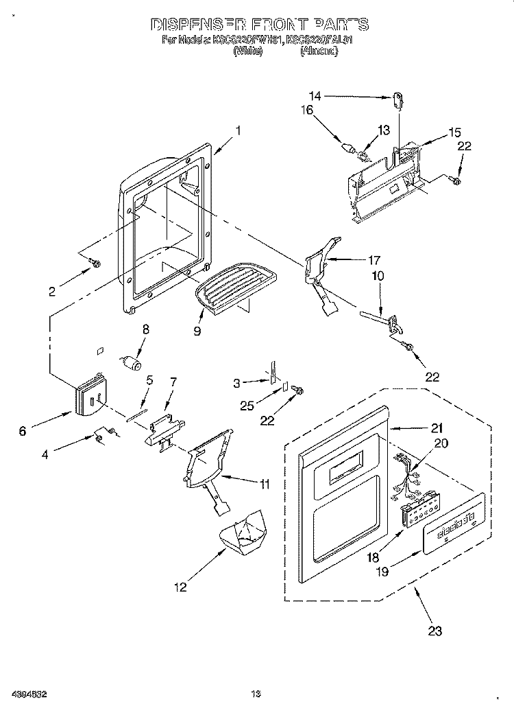 DISPENSER FRONT Diagram and Parts List for KSCS22QFAL01  KitchenAid Refrigerator