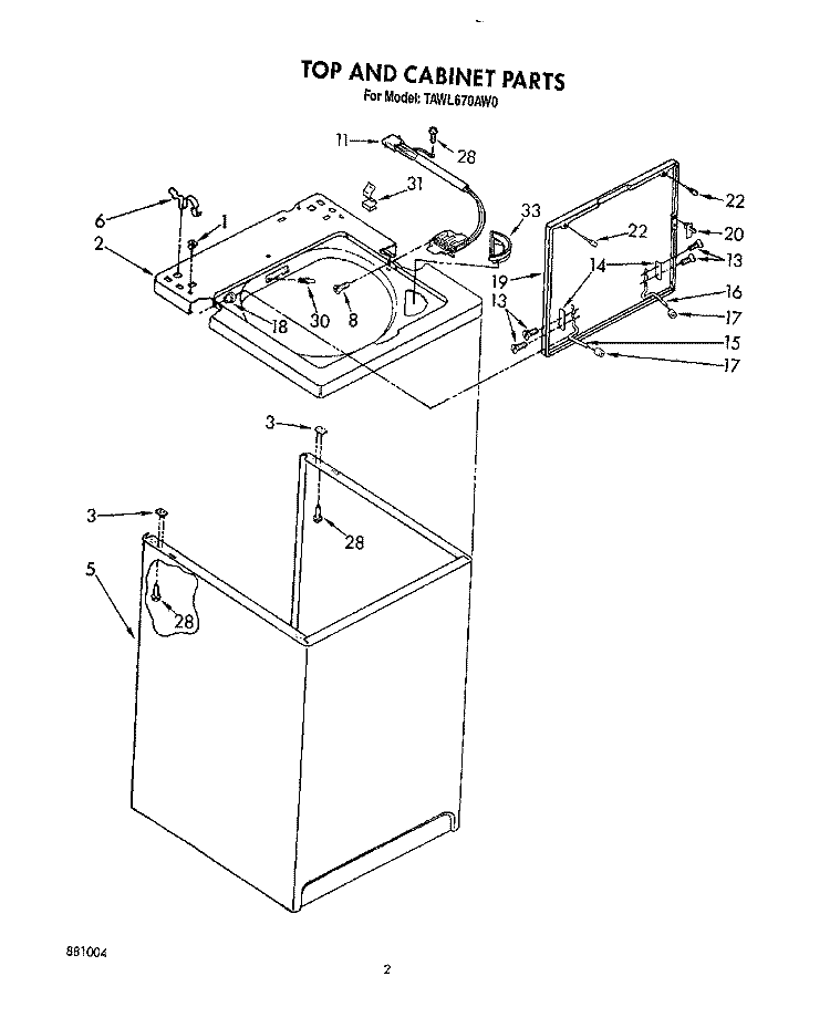 TOP AND CABINET, LIT/OPTIONAL Diagram and Parts List for TAWL670AW0  Estate Washer