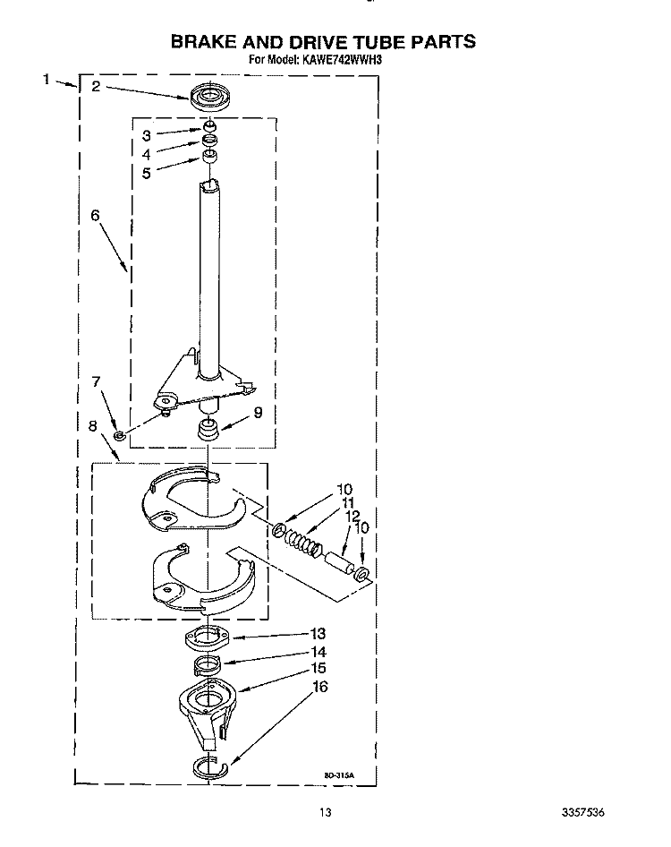 BRAKE AND DRIVE TUBE Diagram and Parts List for KAWE742WAL3  KitchenAid Washer