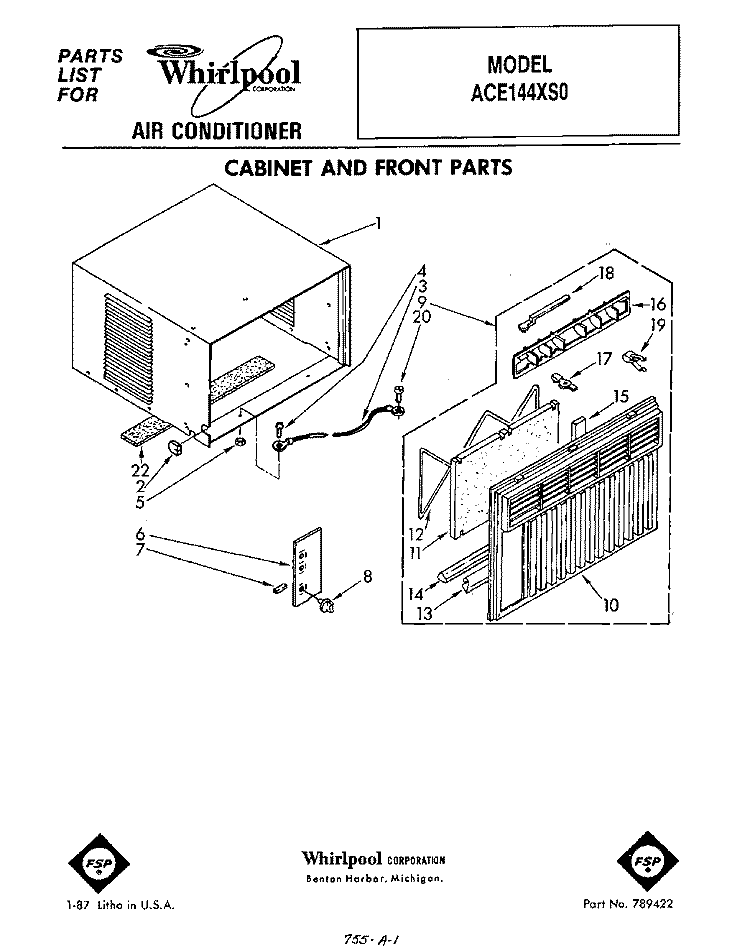 CABINET AND FRONT Diagram and Parts List for ACE144XS0  Whirlpool Air Conditioner
