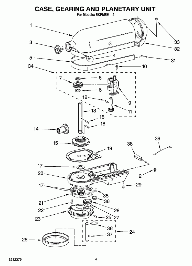 CASE, GEARING AND PLANETARY UNIT Diagram and Parts List for 5KPM5EWH4  KitchenAid Mixer