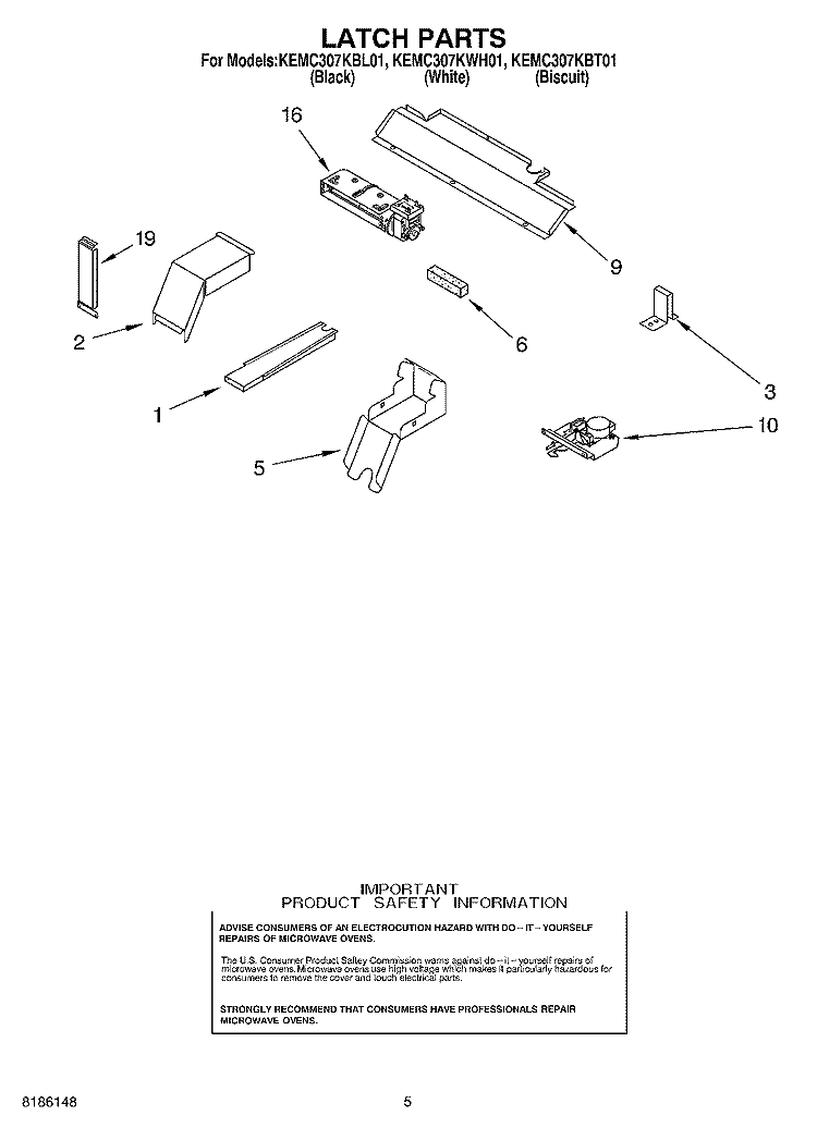 LATCH PARTS Diagram and Parts List for KEMC307KBL01  KitchenAid Microwave Oven Combo