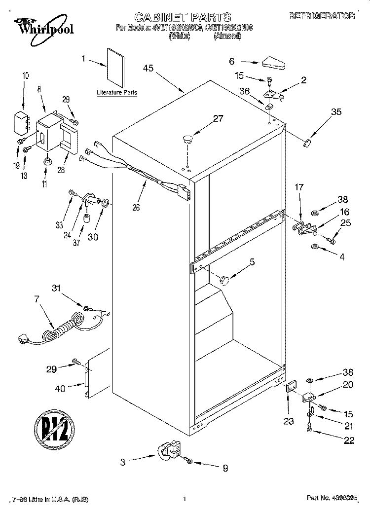 CABINET, LITERATURE Diagram and Parts List for 4VET16GKGN00  Whirlpool Refrigerator