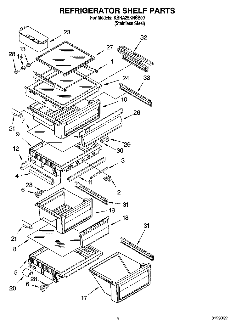 REFRIGERATOR SHELF PARTS Diagram and Parts List for KSRA25KNSS00  KitchenAid Refrigerator