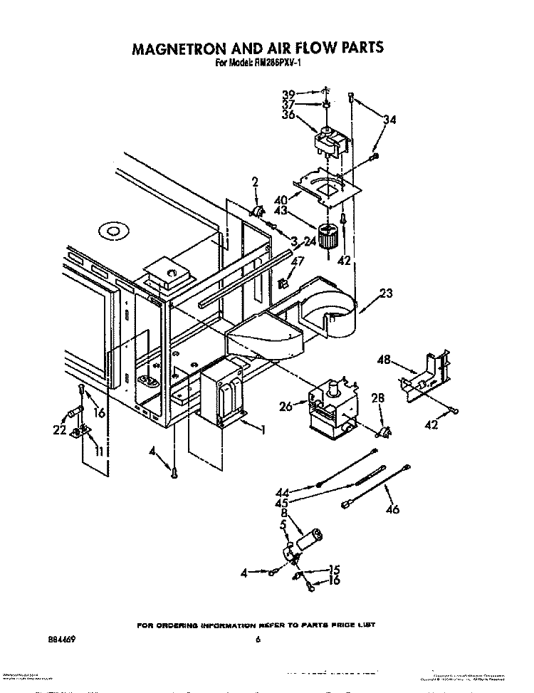 MAGNETRON AND AIR FLOW Diagram and Parts List for RM286PXV1  Whirlpool Microwave Oven Combo