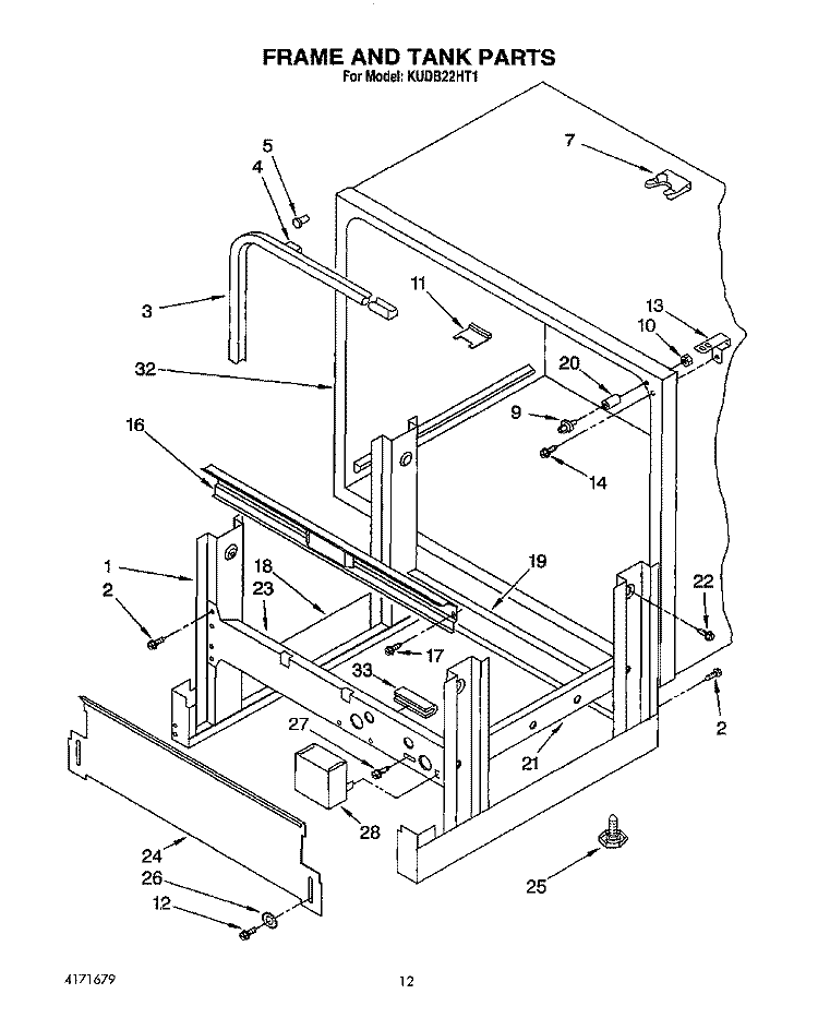 FRAME AND TANK Diagram and Parts List for KUDB22HT1  KitchenAid Dishwasher