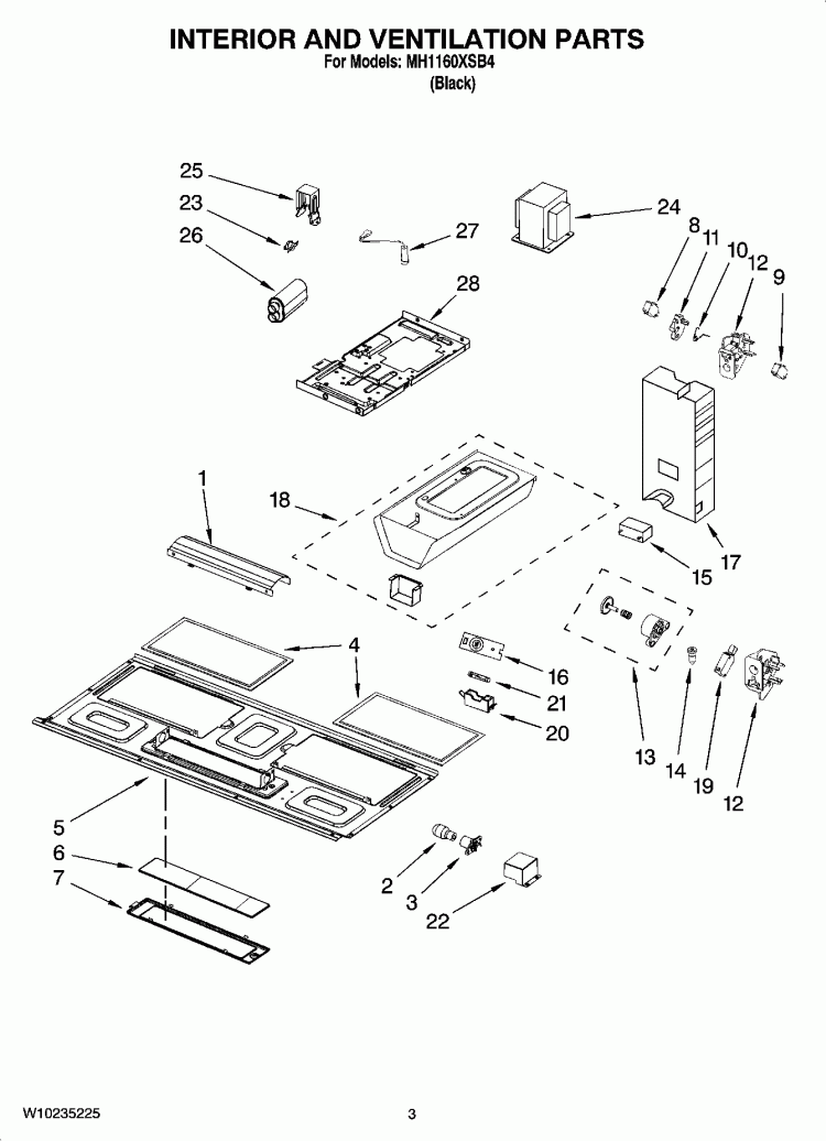 INTERIOR AND VENTILATION PARTS Diagram and Parts List for MH1160XSB4  Whirlpool Microwave