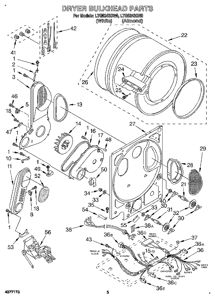 DRYER BULKHEAD Diagram and Parts List for LTG5243BW0  Whirlpool Washer Dryer Combo