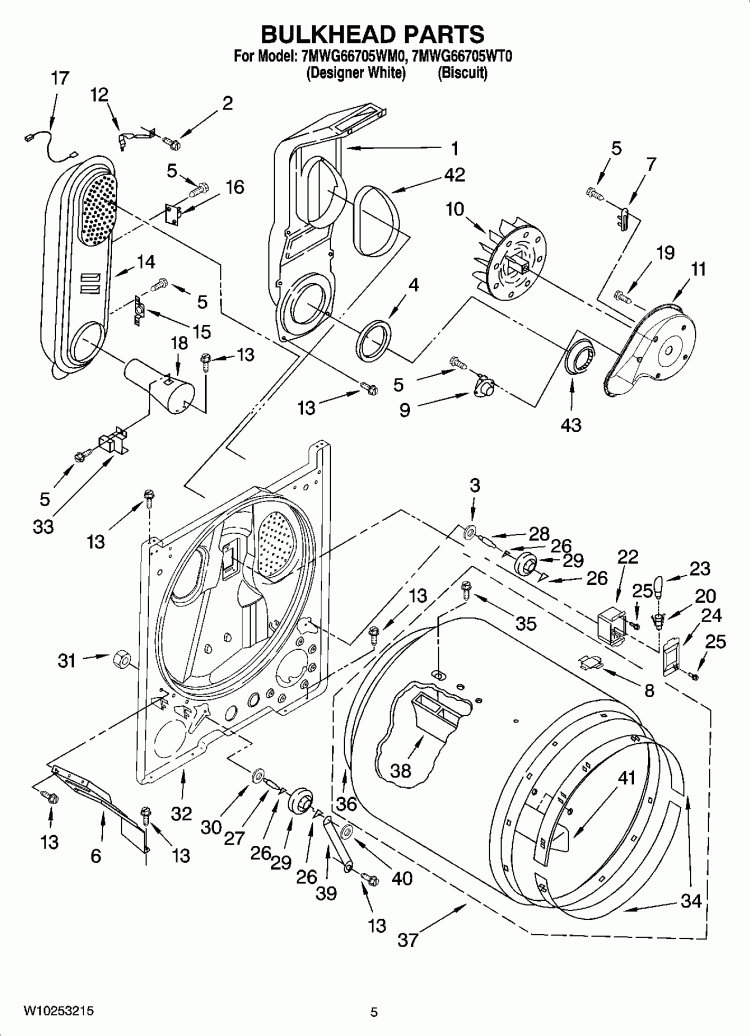 BULKHEAD PARTS Diagram and Parts List for 7MWG66705WT0  Whirlpool Dryer