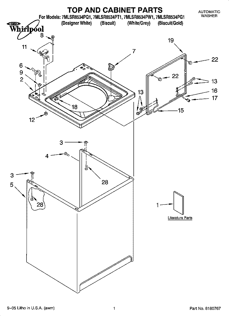 TOP AND CABINET PARTS Diagram and Parts List for 7MLSR8534PW1  Whirlpool Washer