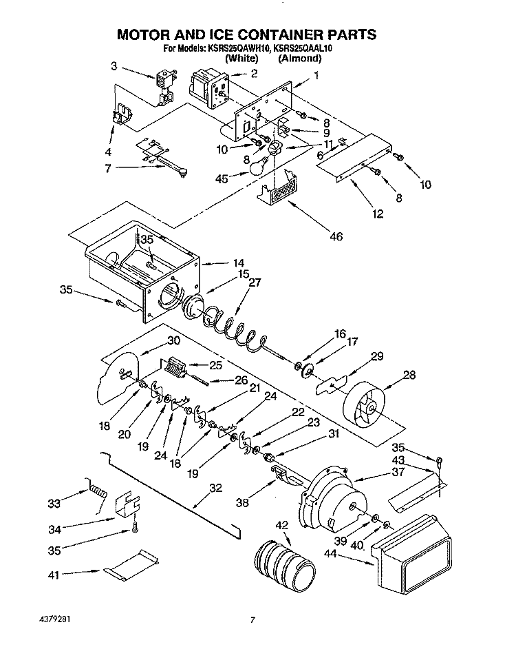 MOTOR AND ICE CONTAINER Diagram and Parts List for KSRS25QAAL10  KitchenAid Refrigerator