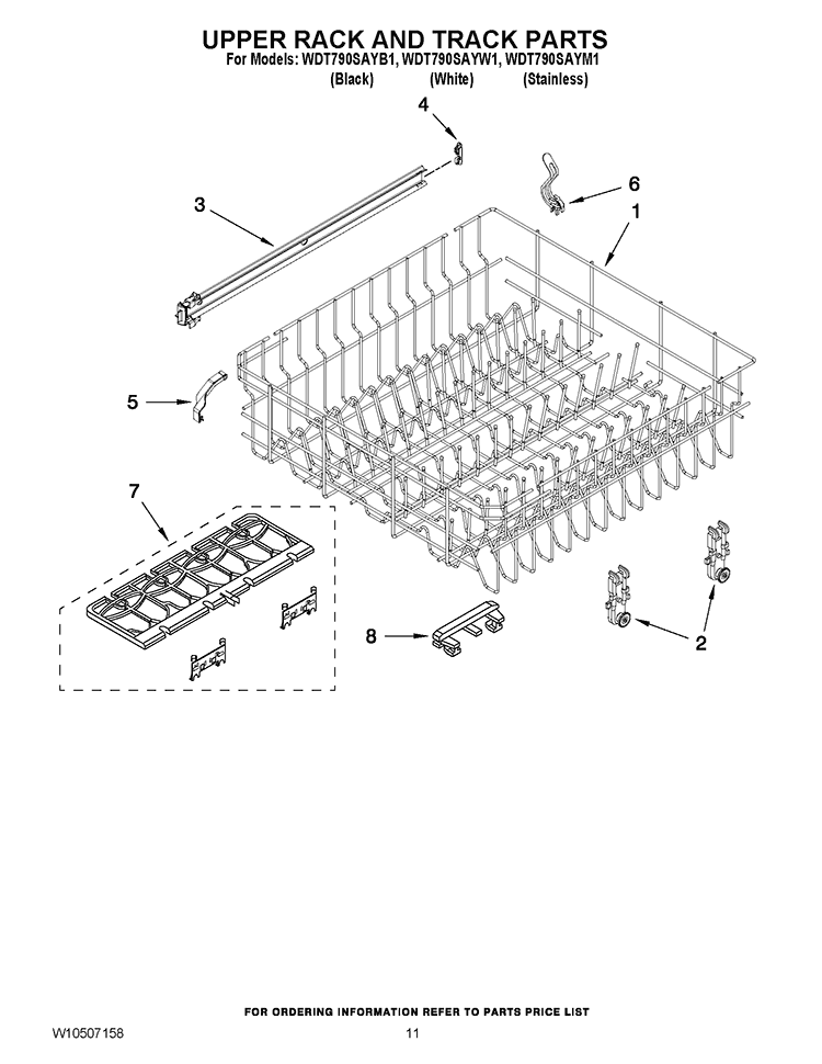UPPER RACK AND TRACK PARTS Diagram and Parts List for WDT790SAYM1  Whirlpool Dishwasher